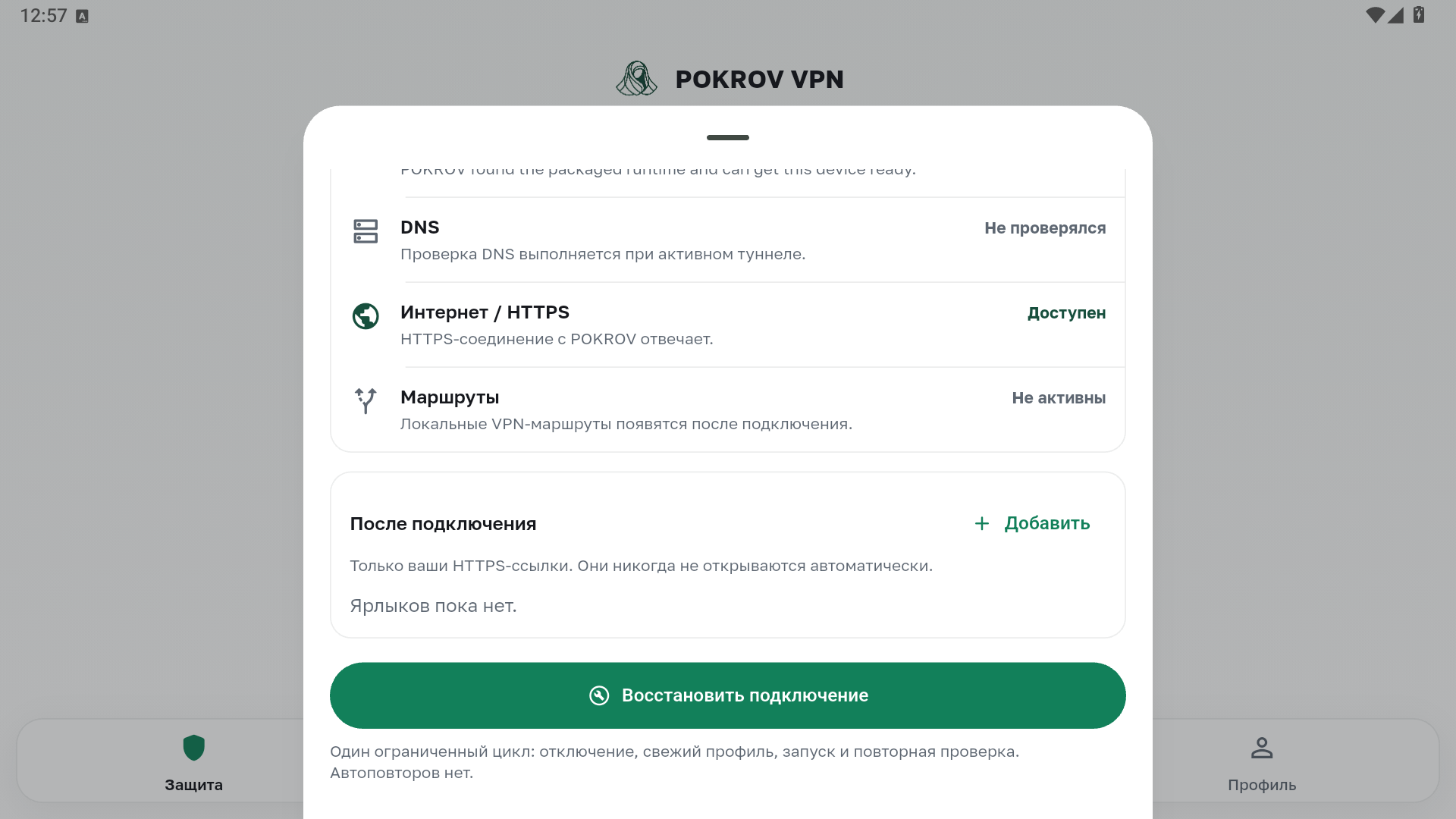 Нижняя часть центра защиты POKROV с восстановлением подключения