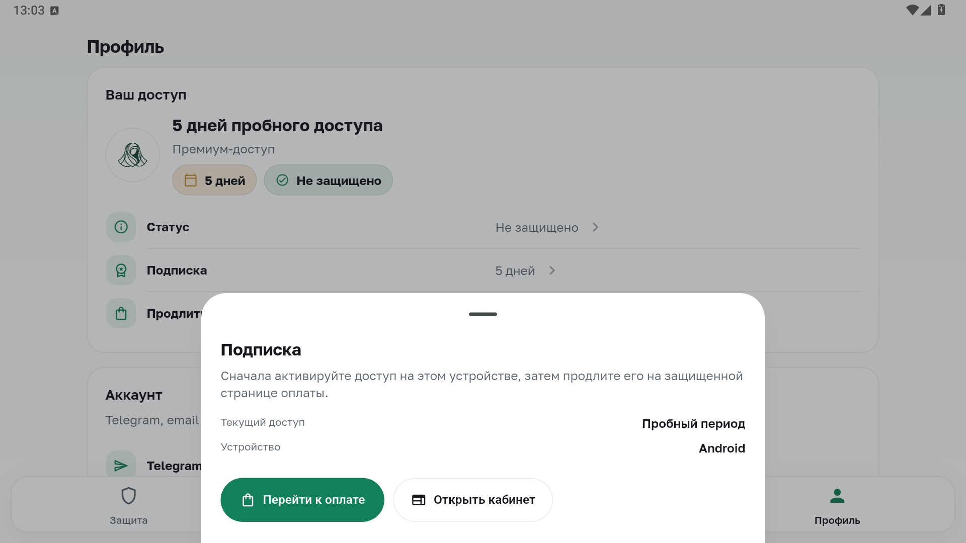 Панель подписки POKROV с переходом к оплате и кабинету